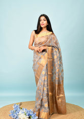Grey Zari Work Soft Organza Saree